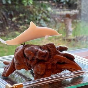 Vintage John Perry burlwood driftwood sculpture with white dolphin